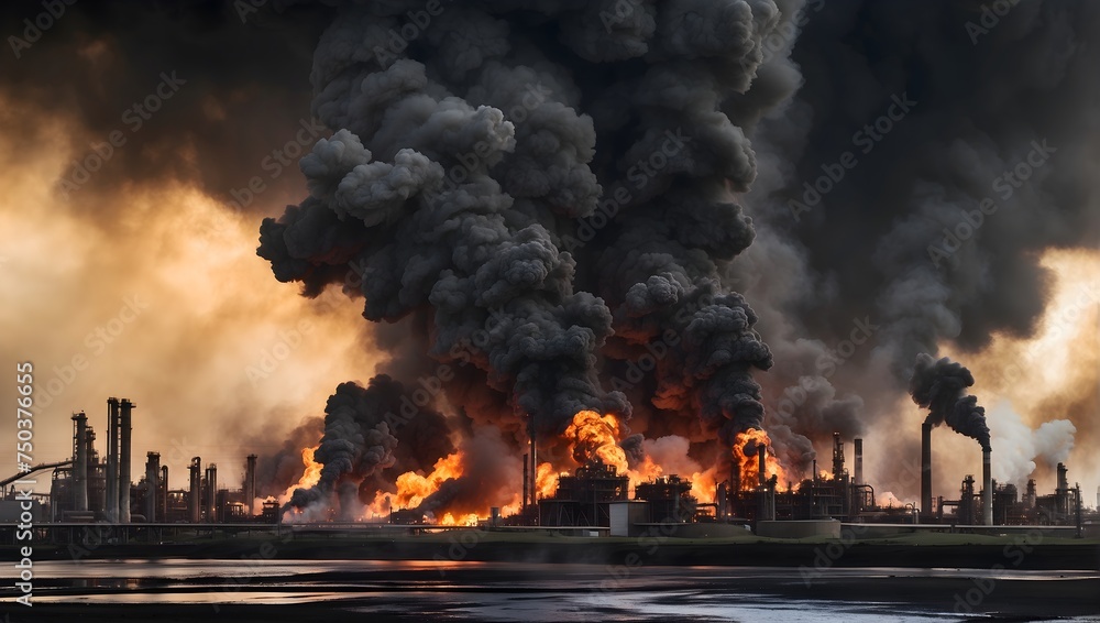 A catastrophic blaze engulfs an oil refinery, marked by a fierce explosion and towering clouds of black smoke Generative AI