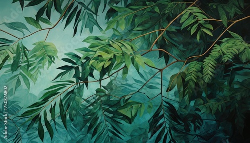 Tropical tree leaves and branch foreground