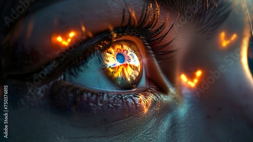 solar gaze  a close-up of a brunette woman   s eyes  the iris aglow with the yellow light of the sun  highlighting a powerful and captivating look