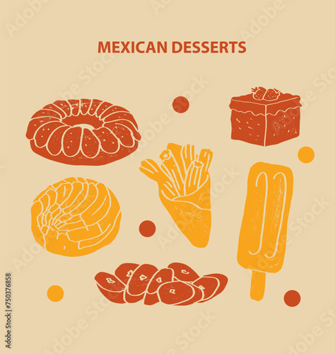 Colorful illustrations of traditional mexican desserts and other sweet meals. Churro, king, tres leches, three, milk, pan, dulce, tostones, fried, bananas, paleta, paletas.