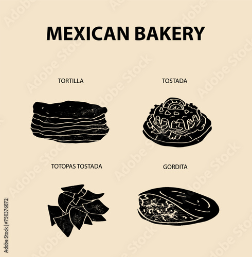 Mexican bakery, bread. Flour tortilla, tostada, totopas, gordita on white background.