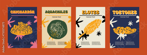 Mexican food set vector illustration. Engraved chicharon, aguachiles, elotes, tostones, bundle of traditional dishes, homemade and restaurant dinner dishes and sauces cooking in cuisine of Mexico