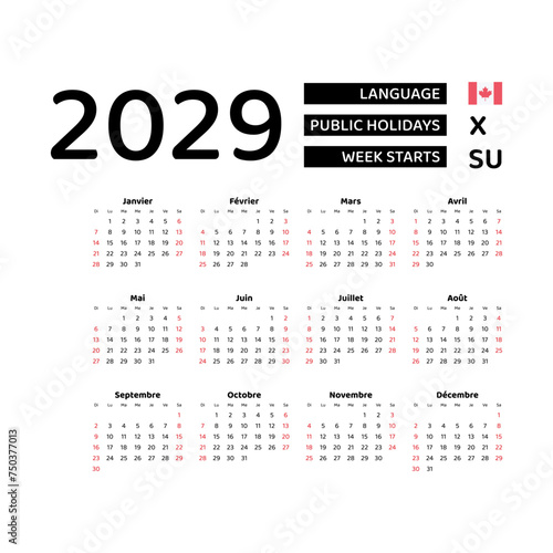 Calendar 2029 French language with Canada public holidays. Week starts from Sunday. Graphic design vector illustration.