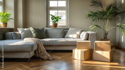 An empty room with cardboard boxes, a sofa, and green plants when moving into a new house or apartment