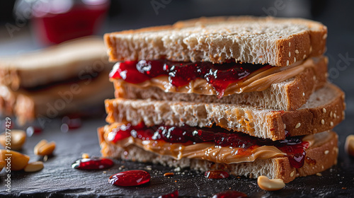 close up of peanut butter and jelly stack of sandwiches on a table