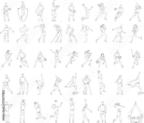 set of athletes, football players, basketball players, runners, golfers sketch, on a white background vector