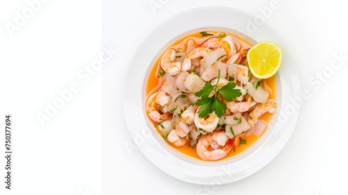 Shrimp ceviche in a bowl with a lemon wedge and parsley, top view isolated on white background. Seafood cuisine concept
