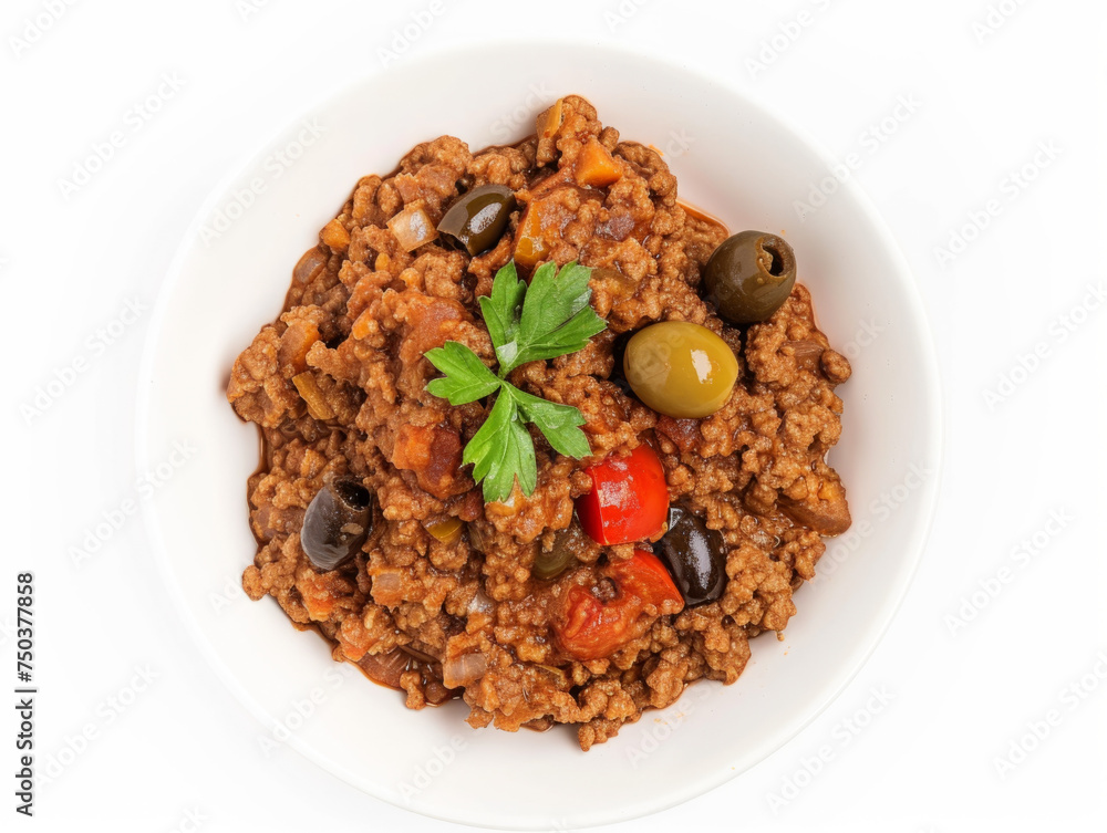 Cuban Picadillo, ground beef with tomatoes and olives, garnished with parsley in a bowl, top view isolated on white background. Cuban cuisine concept Cuban Picadillo, ground beef with tomatoes and olives, garnished with parsley in a bowl, top view isolated on white background. Cuban cuisine concept
