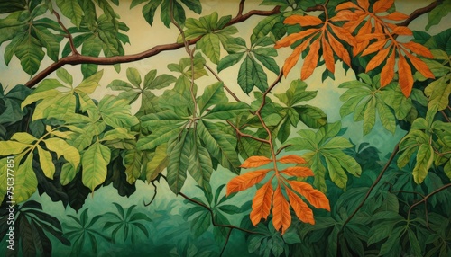 Tropical tree leaves and branch foreground