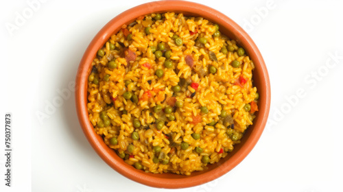 Obraz na płótnie Arroz con Gandules, Puerto Rican rice with pigeon peas, hints of green and red, top-down view isolated on white background. Caribbean cuisine concept. Design for recipe blog, cultural food guide, and w salonie