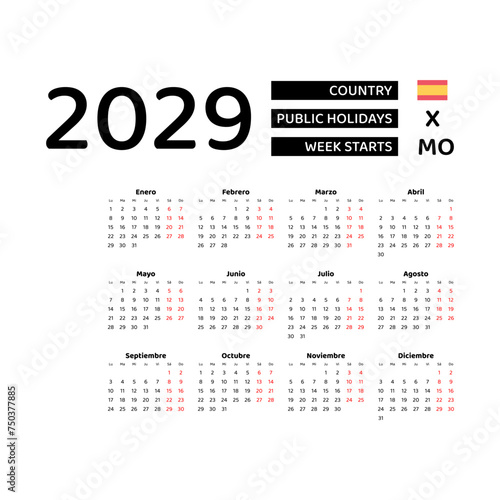 Calendar 2029 Spanish language with Spain public holidays. Week starts from Monday. Graphic design vector illustration.