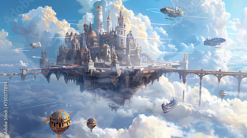Majestic castle floating in the sky, fantastical atmosphere, digital illustration, dreamy sky and landscape. Generative AI illustration  photo