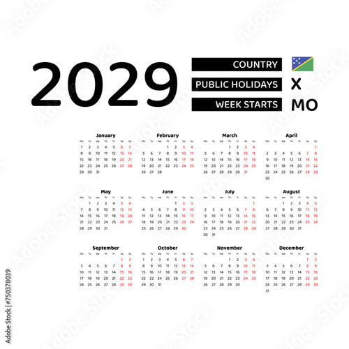 Calendar 2029 English language with Solomon Islands public holidays. Week starts from Monday. Graphic design vector illustration..