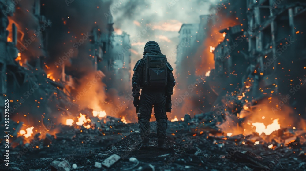 Women in sci-fi amour standing in an apocalyptic scene with debris, smoke, and fire in the aftermath of war. - obrazy, fototapety, plakaty 
