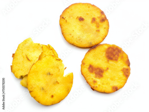Colombian Arepas  golden corn cakes  simple and rustic  top-down view isolated on white background. Traditional cuisine concept. Design for recipe book  food blog  cultural exploration