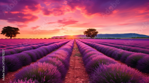 Amazing summer landscape of blooming lavender flowers  peaceful sunset view