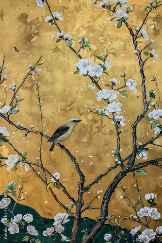 Chinoiseries style painting of bird and cherry blossom flower and tree, classic yellow theme © Wipada