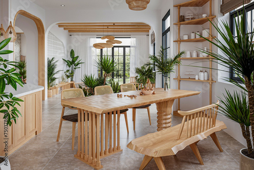 Urban jungle interior design  wooden dining in white tones with many houseplants. including kitchen