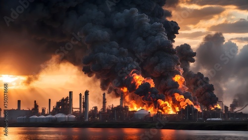 An intense fire breaks out at an industrial oil refinery, accompanied by a massive explosion that sends plumes of dark smoke into the sky Generative AI
