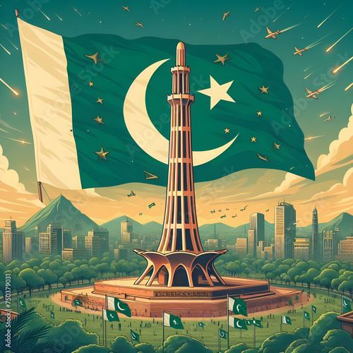 Free vector Pakistan day illustration with flag and minaret Pakistan building Generative Ai