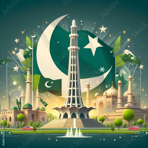 Free vector Pakistan day illustration with flag and minaret Pakistan building Generative Ai