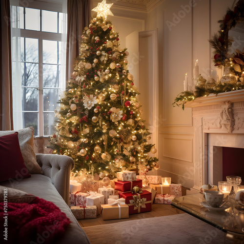 Vibrant and Warm Setting of Christmas  The Celebration Spirit Embraced in the Dancing Twinkles of the Lavish Fir