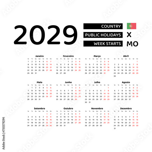 Calendar 2029 Portuguese language with Portugal public holidays. Week starts from Monday. Graphic design vector illustration..