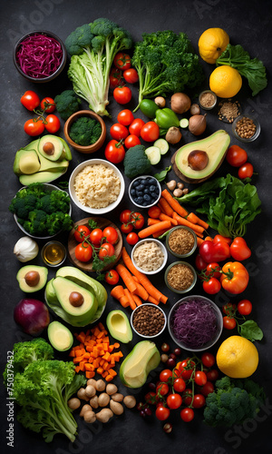fresh fruits and vegetables for background, Different fruits and vegetables for eating healthy, Colorful fruits and vegetables on dark background. Overhead view of Healthy eating ingredients. © chanjaok1