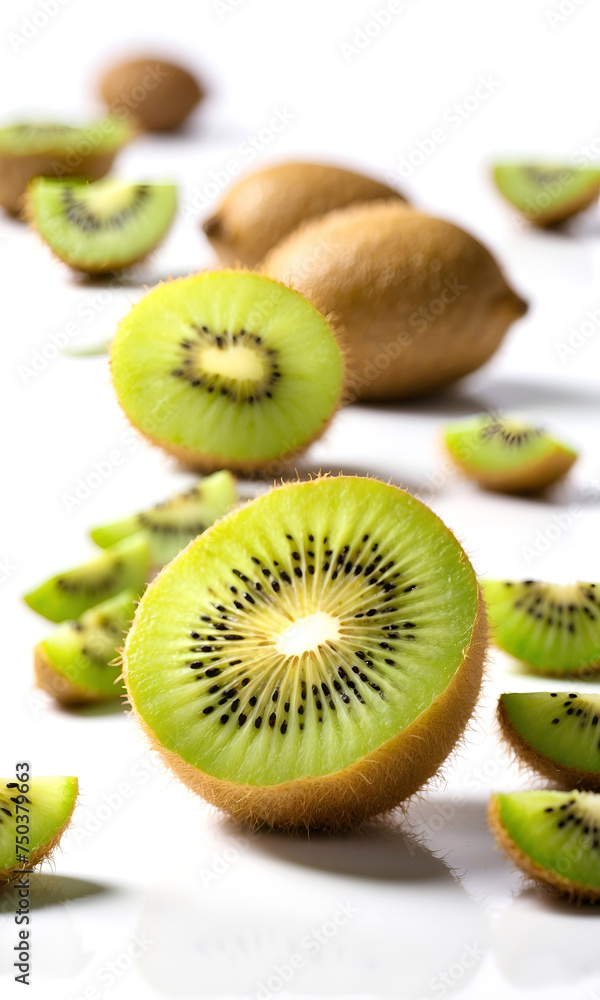 Fototapeta premium Ripe whole kiwi fruit and half kiwi fruit isolated on white background.