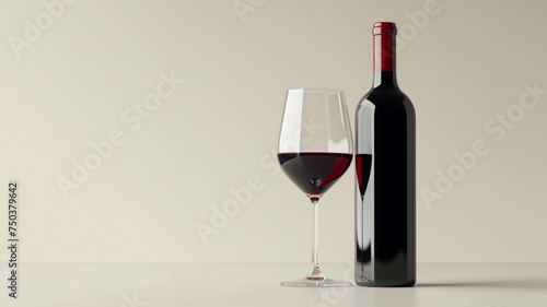 A bottle of red wine and a glass, minimally adjusted, in a sparse and simple style.