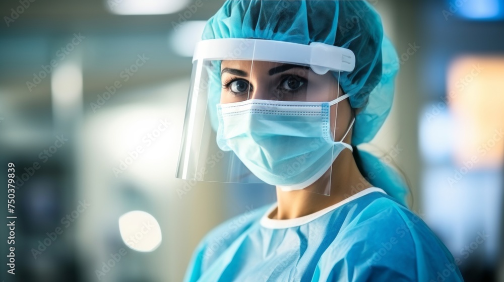 Stressed female doctor in face mask after failed surgery at hospital operating room Stressed female doctor in face mask after failed surgery at hospital operating room