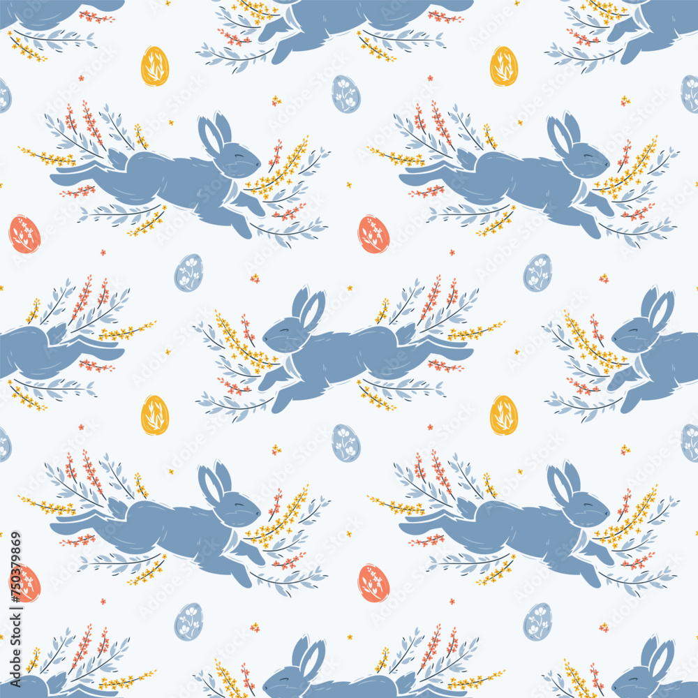 Easter Bunnies, Easter Eggs, Floral Elements  Seamless Pattern. Spring Background with Cute Blue Bunny, Leaves and Flowers. Vector illustration