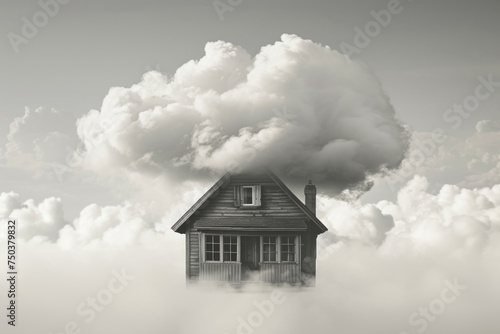 Displayed in a style of urban life depictions is a small house with a cloud above it.