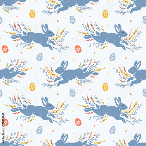 Easter Bunnies, Easter Eggs, Floral Elements Seamless Pattern. Spring Background with Cute Blue Bunny, Leaves and Flowers. Vector illustration