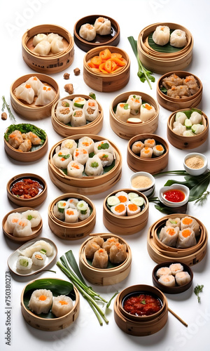 Chinese Streamed Dumpling. Yumcha, dim sum steamer, Chinese cuisine on white background. dim sum in bamboo steamer. © chanjaok1