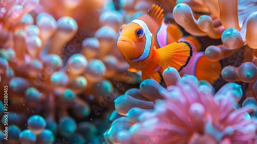 The warm, tropical waters of Guam, USA, are home to pink anemone fish among a patch of blue anemones.