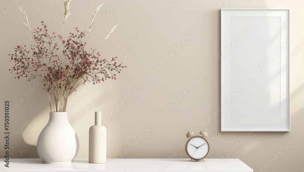 Fototapeta premium Frame mockup, Living room wall poster mockup. Interior mockup with house background. Modern interior design. Mock up poster floral frame in modern interior background