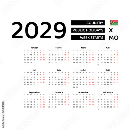 Calendar 2029 French language with Vanuatu public holidays. Week starts from Monday. Graphic design vector illustration.