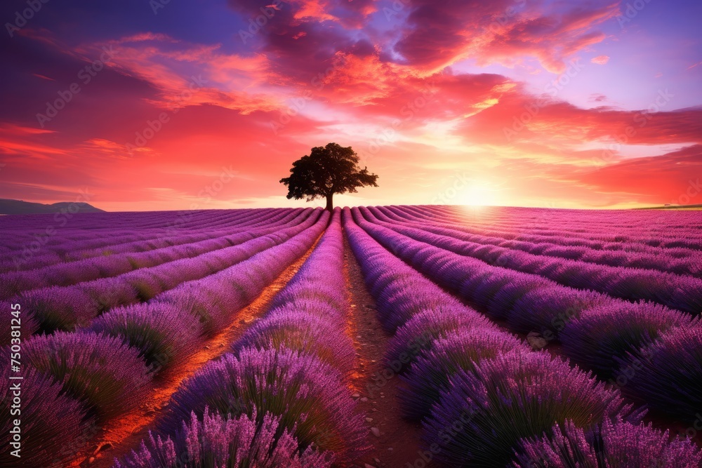 Beautiful lavender field at sunset, Beautiful sunset over lavender field in Provence, Ai generated