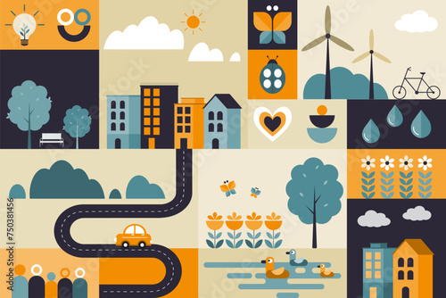 Lifestyle in the city landscape with save the world and save energy concept. Vector Illustration of geometric flat design with the simple shapes of the cityscape.