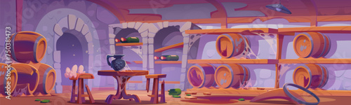 Abandoned wine cellar with broken wooden barrel, tables and chairs, crashed glass bottles, garbage and cobweb. Cartoon vector old destroyed messy basement room interior for grape wine storage.