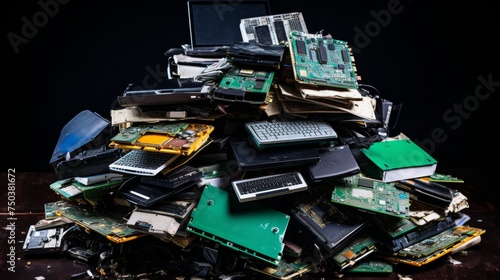 E-waste heap from discarded laptop parts, recycling concept, electronics industry waste management