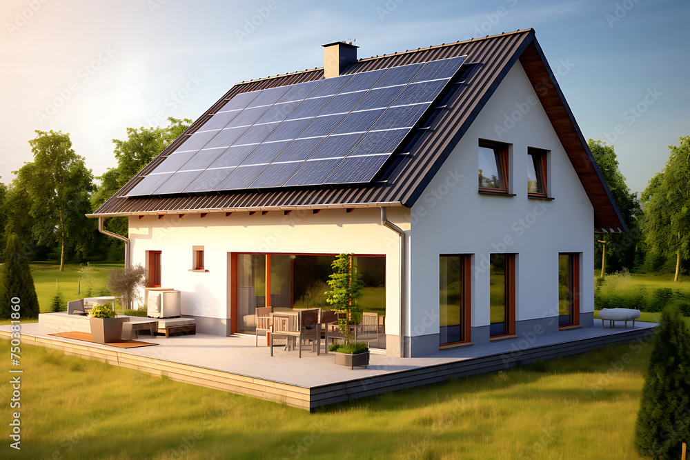 New suburban house with a photovoltaic system on the roof. Modern eco friendly passive house with landscaped yard. Solar panels on the gable roof New suburban house with a photovoltaic system on the roof. Modern eco friendly passive house with landscaped yard. Solar panels on the gable roof