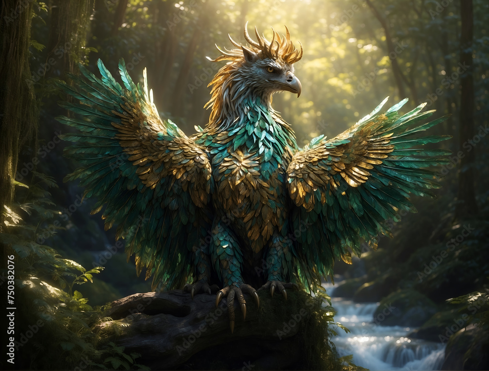 Obraz premium Enchanted Griffin A Majestic Journey Through the Mystical Forest's Depths, Where Beauty and Power
