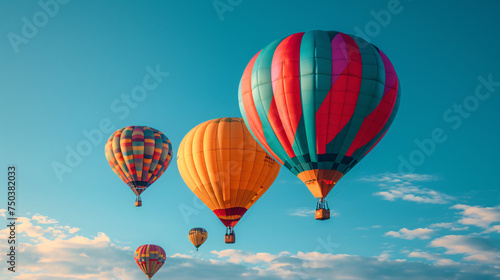 Aerial Adventure in the Sky  Vibrant Multi-Colored Hot Air Balloons Soaring in the Clear Blue Sky at Sunset