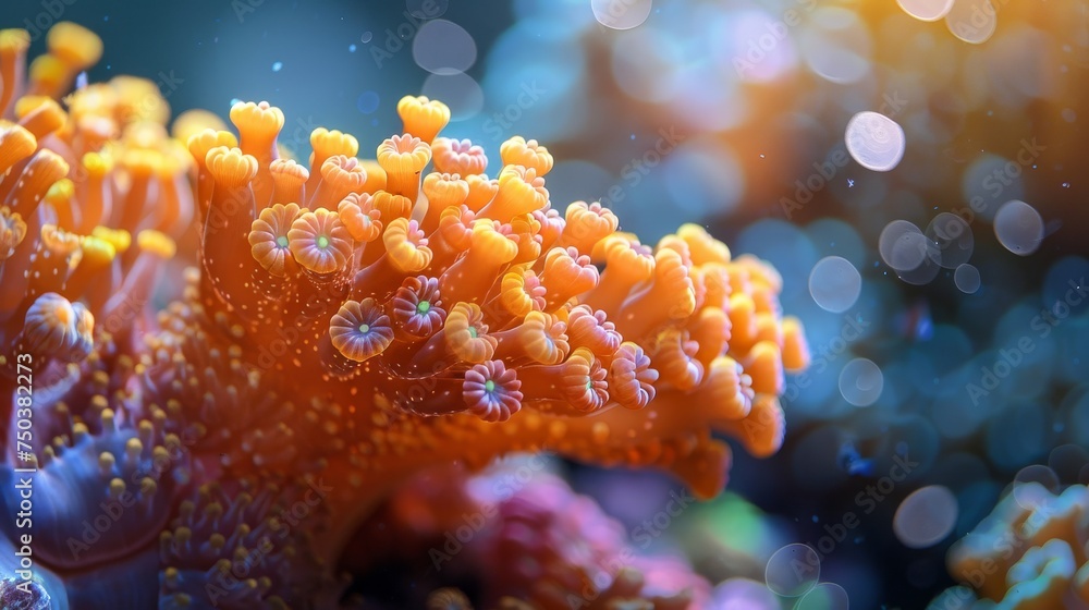 The tiny polyps on the coral Montipora sps in the aquarium were taken at close range - obrazy, fototapety, plakaty 