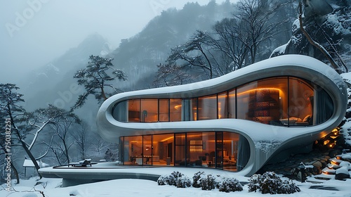 Architectural Marvel: Ephemeral Wave House Amidst Snowy Mountain Serenity