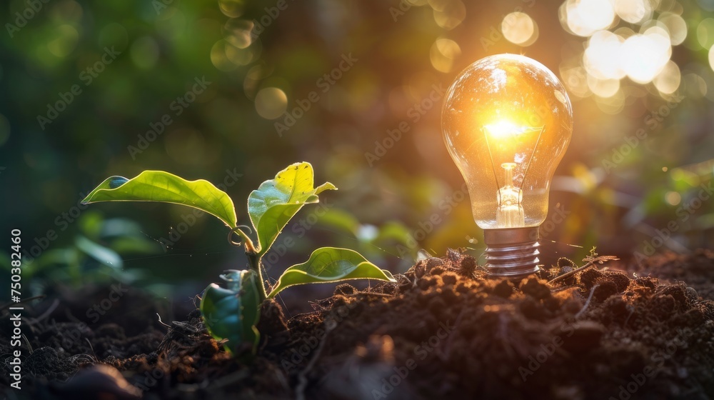 A light bulb sprouting from a plant, illustrating the growth of ideas and innovation - obrazy, fototapety, plakaty 