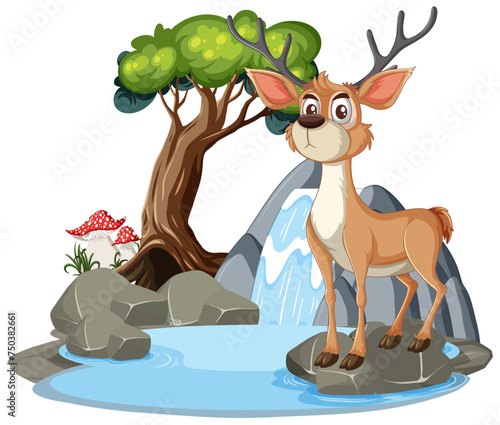 A happy deer standing near a small waterfall