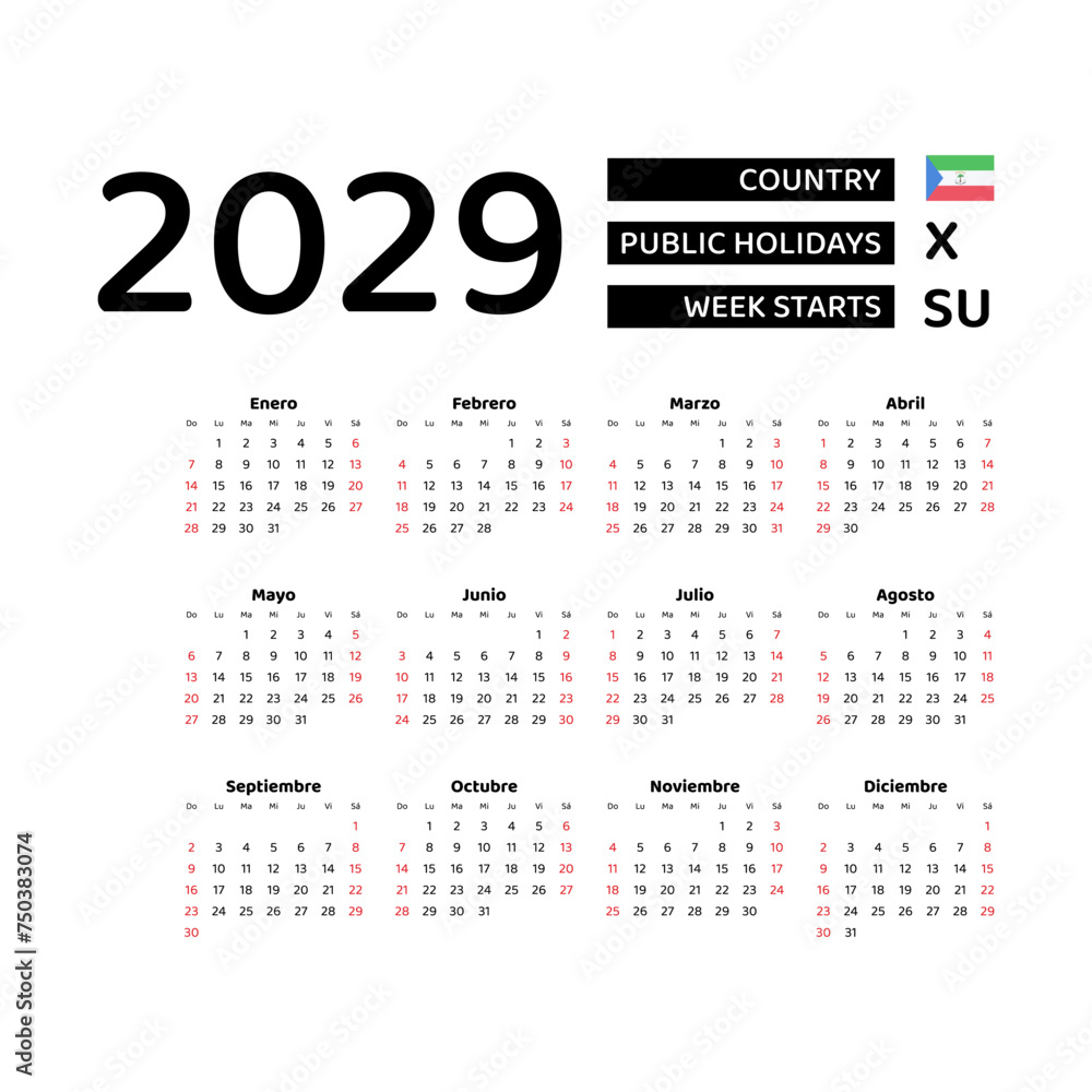 Calendar 2029 Spanish language with Equatorial Guinea public holidays. Week starts from Sunday. Graphic design vector illustration. Calendar 2029 Spanish language with Equatorial Guinea public holidays. Week starts from Sunday. Graphic design vector illustration.
